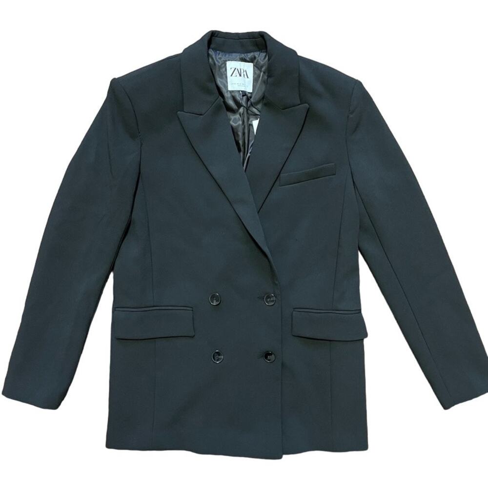 NWT ZARA Double Breasted Long Structured Blazer in Black SZ XS